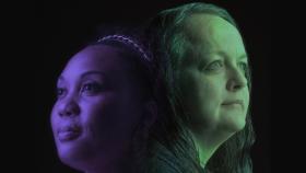 Photos of the faces of Natasha Carter, left, in purple, and Christy Kelley, in green, in a stylized illustration on a black background.