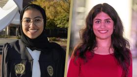 Lama Bahanan, left, in her graduation gown, and Dakshitha Anandakumar, right.