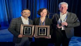 Photo of three Georgia Tech faculty holding award plaques. From left to right: Krishnendu Roy, Johnna Temenoff, and Andres Garcia.