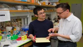 Researchers Yongzhi Qiu (left) and Wilbur Lam discuss their research on platelets. Lam is assistant professor in the Department of Pediatrics at Emory University School of Medicine and in the Wallace H. Coulter Department of Biomedical Engineering at Georgia Tech and Emory University. Qiu is a research associate in the Emory School of Medicine. (Credit: Rob Felt)