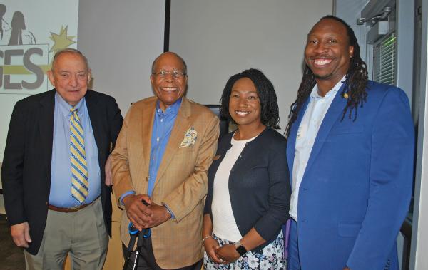 Dr. Louis Sullivan is flanked by Project ENGAGES' leadership team: Bob Nerem, Lakeita Servance, and Manu Platt.