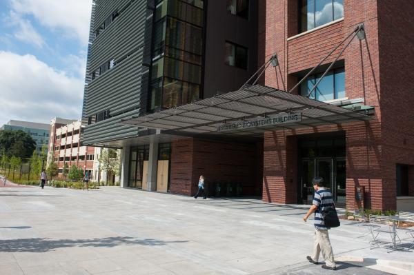 Entrance to the Engineered Biosystems Building (EBB), the newest building at the Georgia Institute of Technology. Research in the building consolidates efforts to prevent and treat cancer, diabetes, heart disease, infections, and other life-threatening conditions. (Photo by Fitrah Hamid)