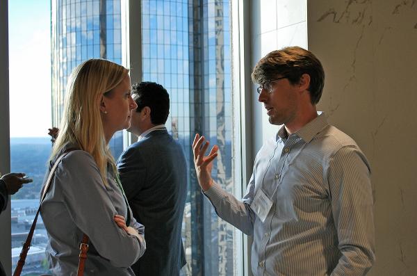 Susan Thomas and James Dahlman talk shop during the BMES 20 Celebration.