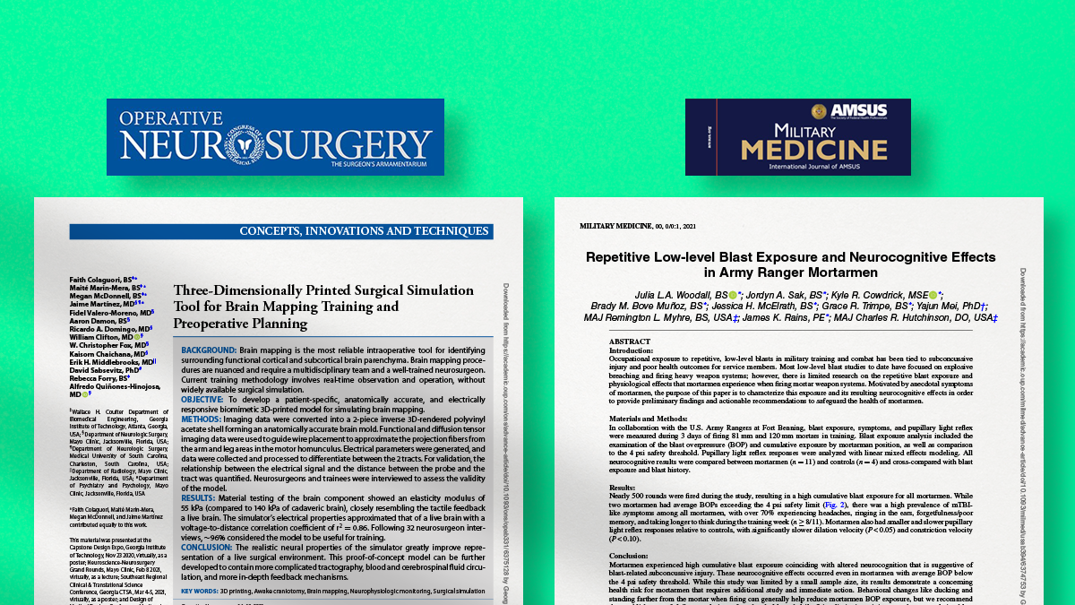 Illustration of two published papers with journal names, Operative Neurosurgery and Military Medicine. (Illustration: Manit Rambhia)