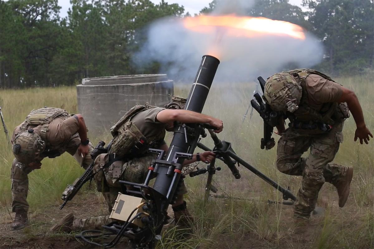 Army Ranger mortarmen test fire a 120 mm mortar at Fort Benning in Columbus, Georgia. (Photo Courtesy: Project Halo team)
