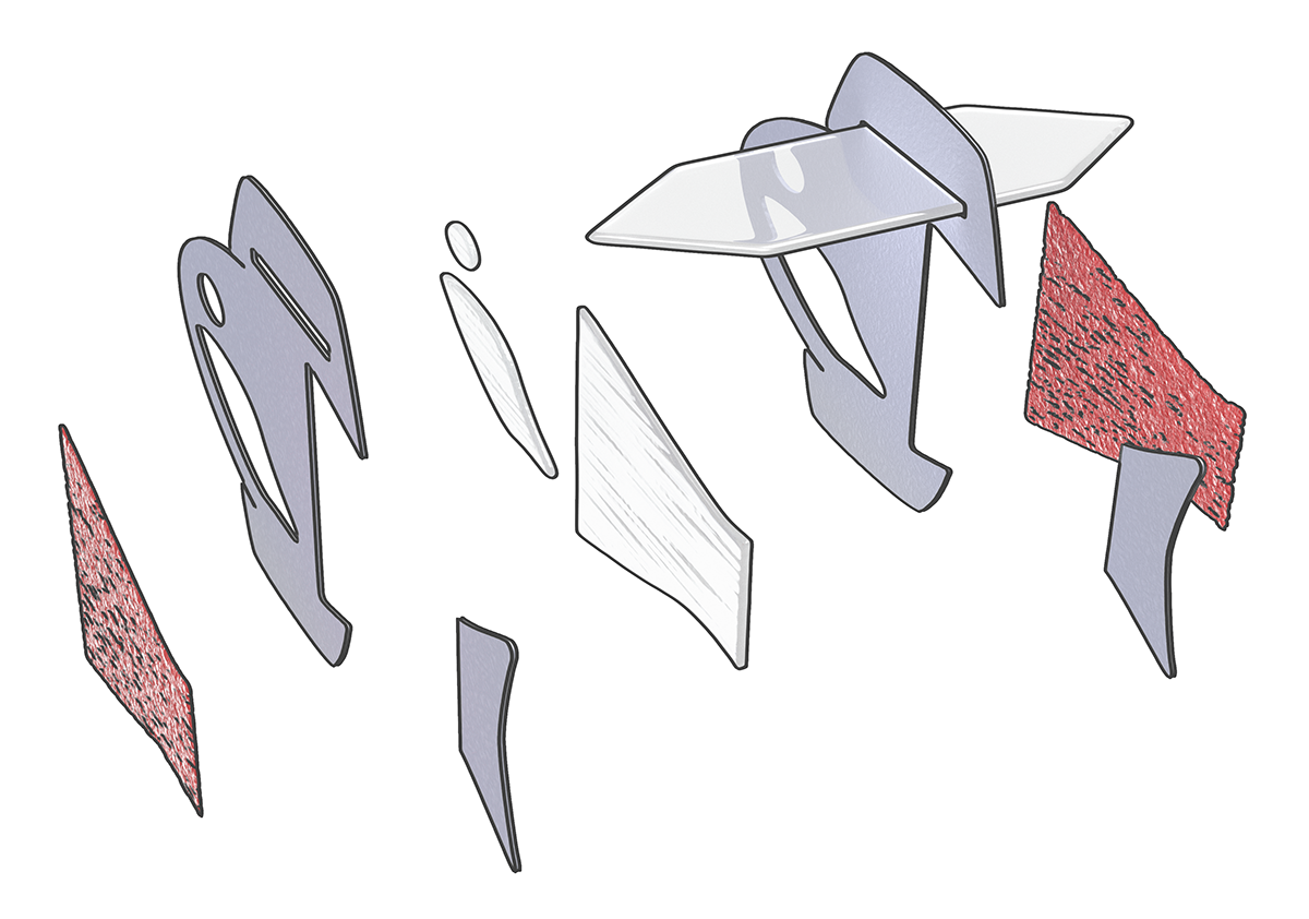 An illustration showing the five-layered body architecture of the biohybrid fish. The fish has two layers of muscle cells, one on each side of the tail fin. When one side contracts, the other stretches, creating a self-sustaining swimming motion. (Image: Michael Rosnach, Keel Yong Lee, Sung-Jin Park, Kevin Kit Parker)