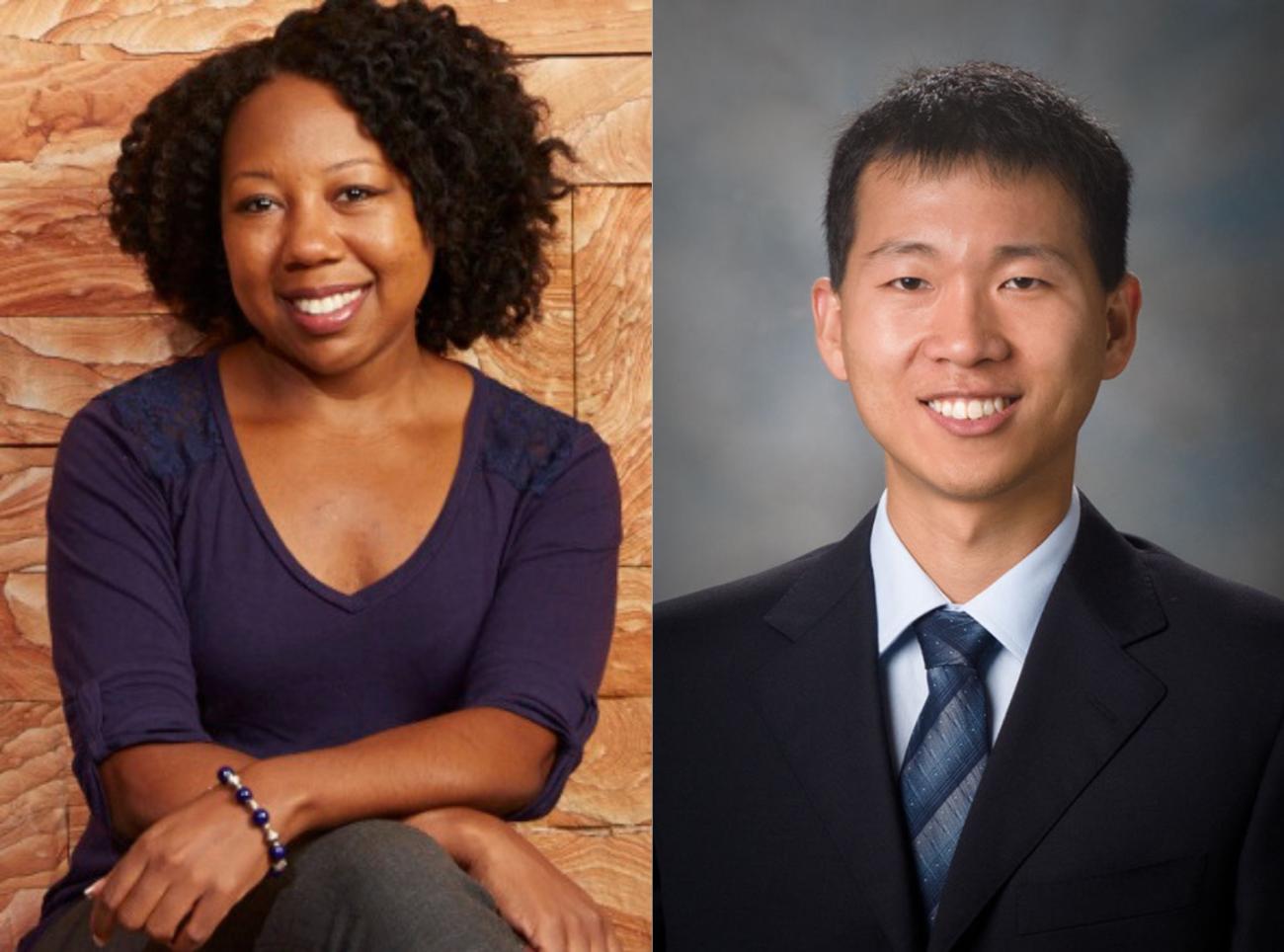 Two headshot photos of professors. Karmella Haynes is the left photo and Peng Qiu is the right photo.