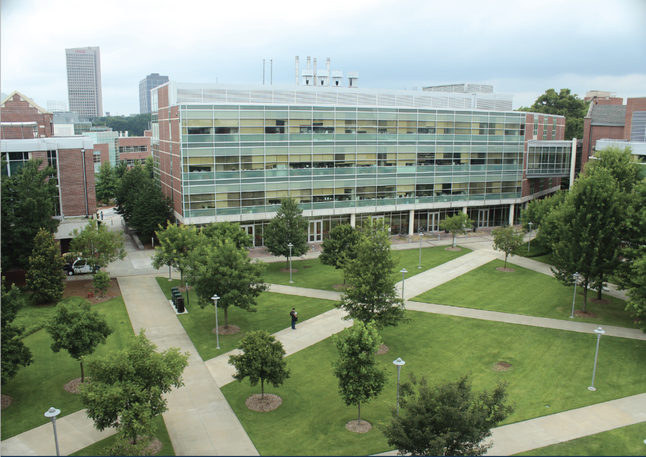 Photo of the U.A. Whitaker Building at Georgia Tech in front of the grassy quad area