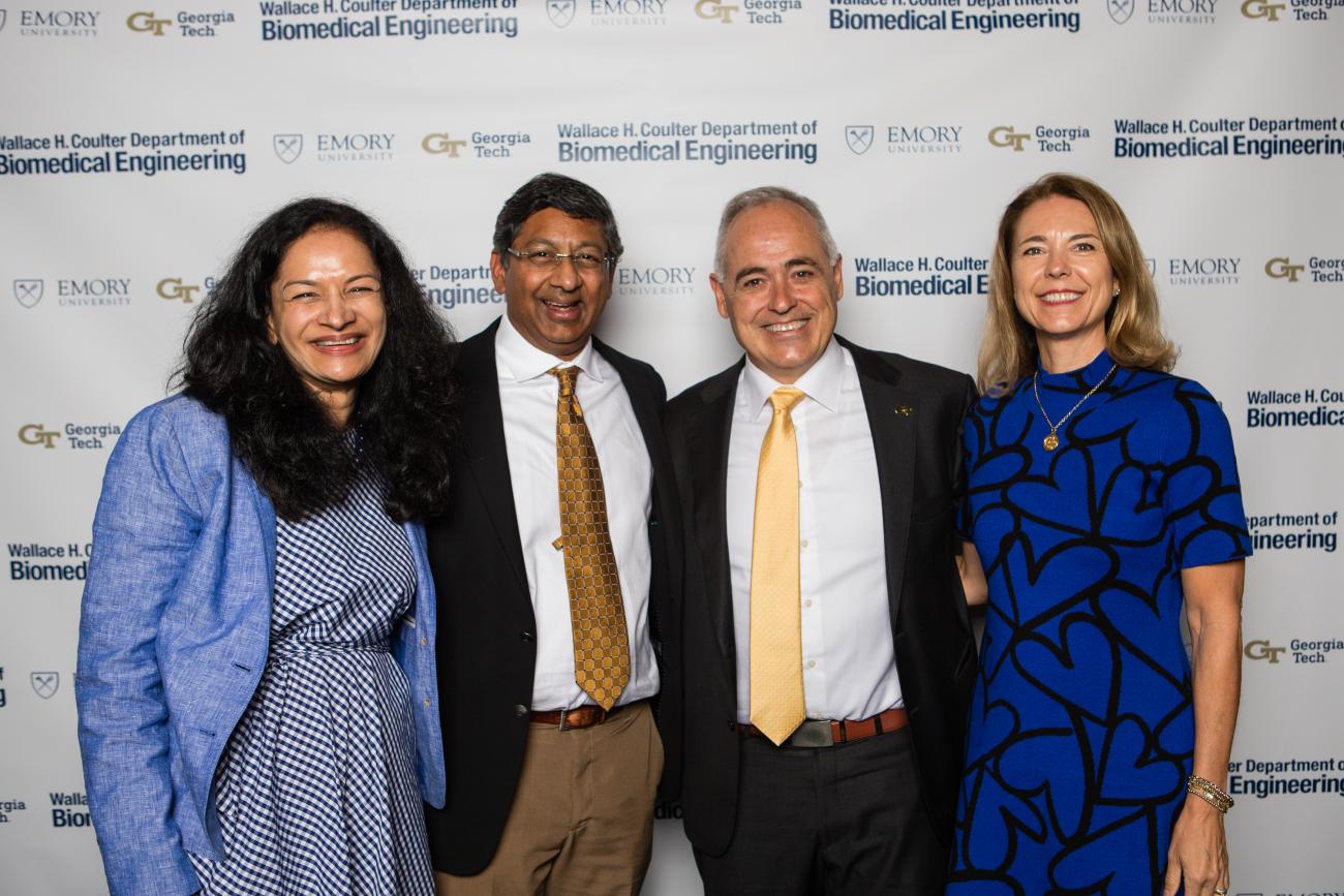 Group photo (l to r): Prof. Lalita Kaligotla, Emory Provost and former Coulter BME Chair Ravi Bellamkonda, Georgia Tech President Ángel Cabrera, and Elizabeth Cabrera, Ph.D.