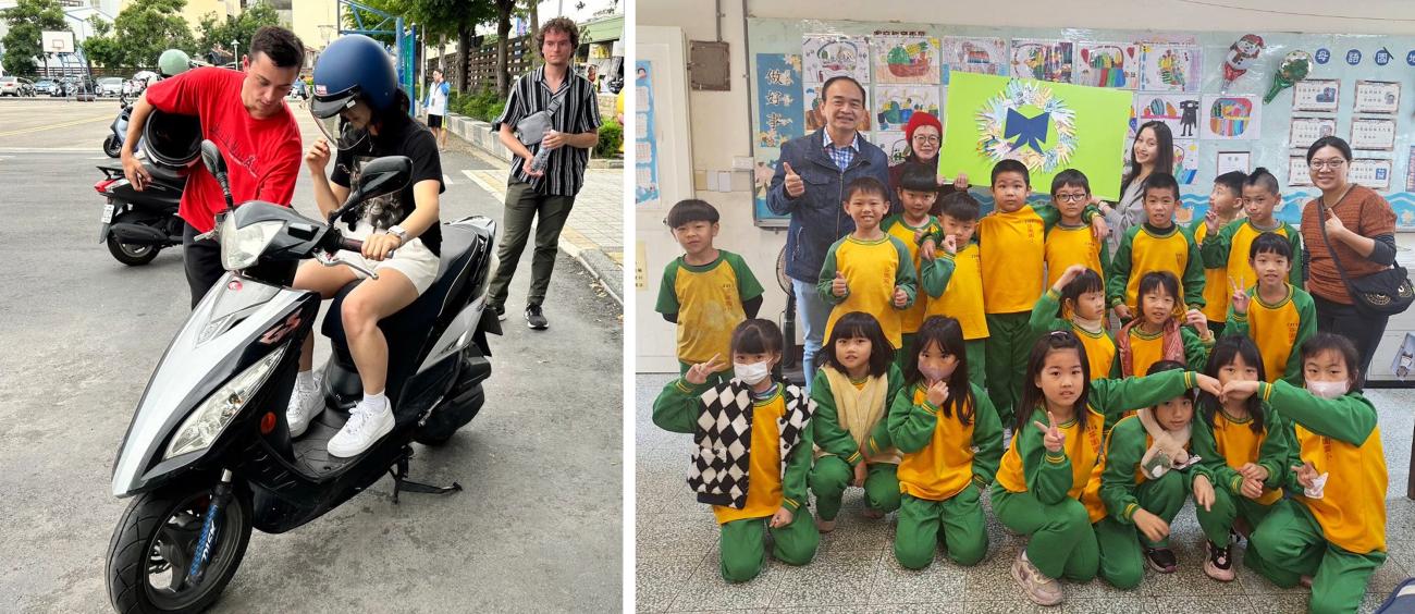 Emily on motorcycle and with second grade class